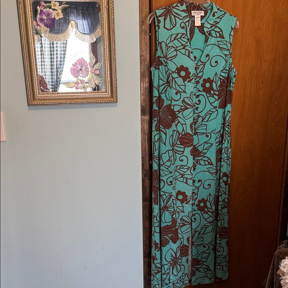 Floral Sleeveless Maxi Dress - Teal and Brown